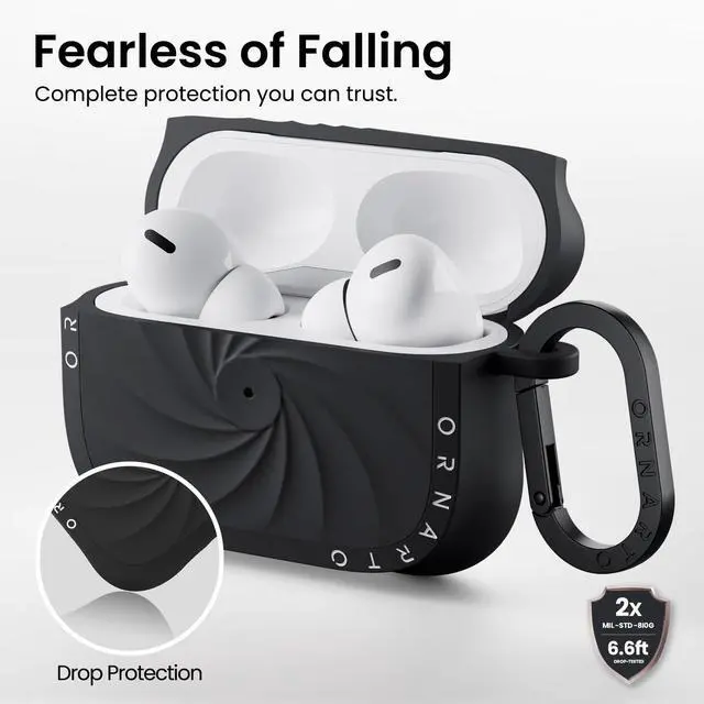 Alt view image 3 of 5 - ORNARTO Vortuxe for AirPods Pro 2 Case - 2X MIL-STD Drop Protection, Liquid Silicone Shockproof Cover with Carabiner, Sleek Aesthetic Case for AirPods Pro 2nd / 1st Generation-Blac