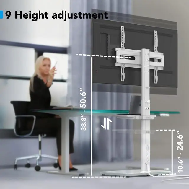 Alt view image 3 of 5 - AX WABER Floor TV Stand with Power Outlet& Shelf, Universal TV Stand Mount for 27-65 inch TV up to 88lbs, 70 Degree Swivel 9 Level Height Adjustable with Tempered Glass Base for Bedroom, Office White