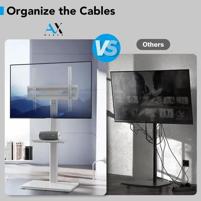Alt view image 5 of 5 - AX WABER Floor TV Stand with Power Outlet& Shelf, Universal TV Stand Mount for 27-65 inch TV up to 88lbs, 70 Degree Swivel 9 Level Height Adjustable with Tempered Glass Base for Bedroom, Office White