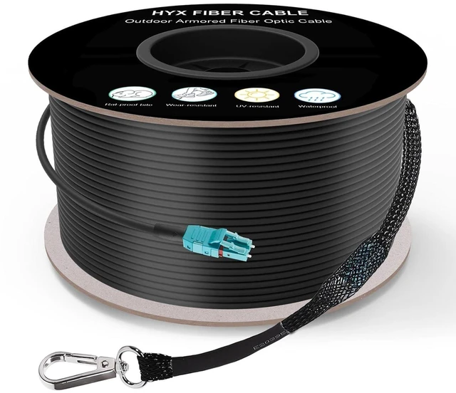 Main image of 820FT/250M OM3 LC to LC Outdoor Armored Fiber Patch Cable, Direct Burial Industrial TPU Duplex Multimode Fiber Optic Cable, 40Gb/10Gb, 50/125 um, Uniboot LC-LC Connector with Pulling Eye Kit, OD 5mm