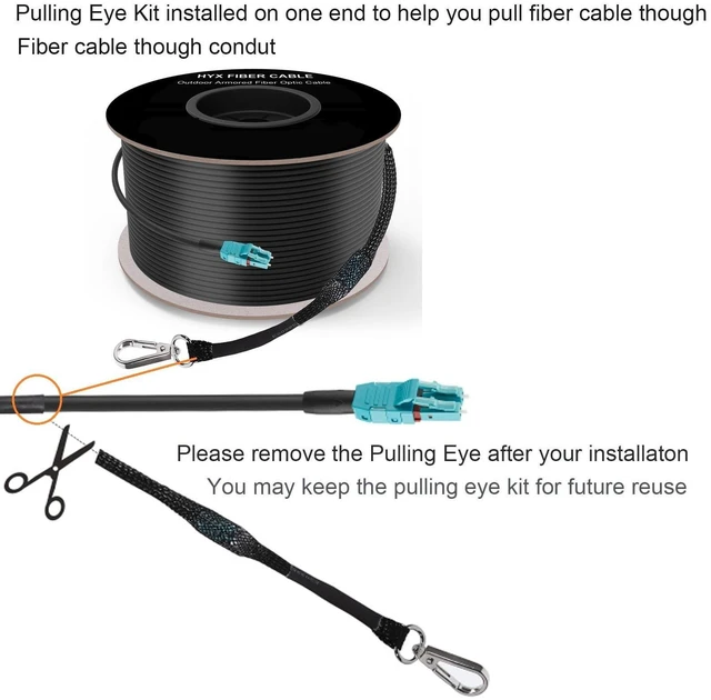 Alt view image 4 of 5 - 820FT/250M OM3 LC to LC Outdoor Armored Fiber Patch Cable, Direct Burial Industrial TPU Duplex Multimode Fiber Optic Cable, 40Gb/10Gb, 50/125 um, Uniboot LC-LC Connector with Pulling Eye Kit, OD 5mm