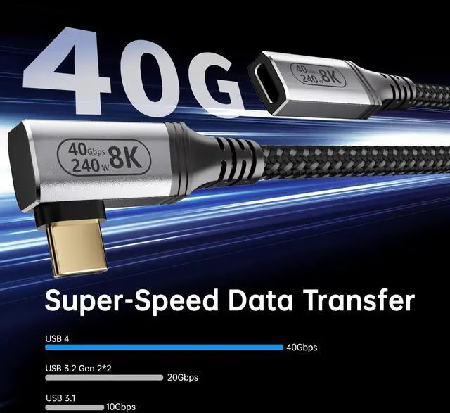 Alt view image 4 of 5 - KMMXXCPM 6.6FT USBC Extension Cable Right Angle Compatible with Thunderbolt 4/3,USB4 40Gbps Data Transfer,90 Degree USB C Male to Female Cable,Type C Extension 240W Fast Charging,8K/4K Video Display.