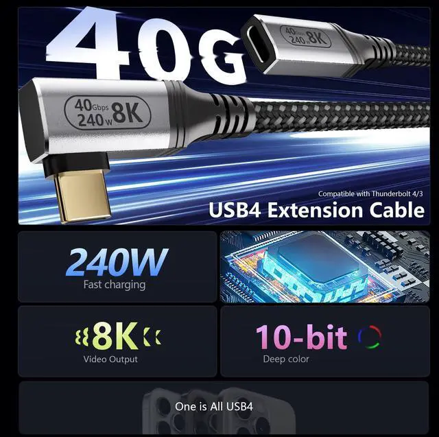 Alt view image 2 of 5 - KMMXXCPM 6.6FT USBC Extension Cable Right Angle Compatible with Thunderbolt 4/3,USB4 40Gbps Data Transfer,90 Degree USB C Male to Female Cable,Type C Extension 240W Fast Charging,8K/4K Video Display.