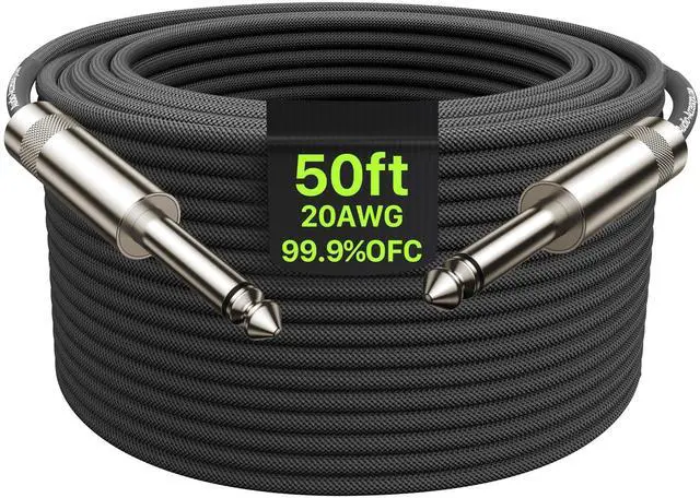 Main image of 50 ft Guitar Cable, 20AWG 99.99% OFC - A Must for Long Instrument Cable, Nylon Braided Anti-Kinking Kevlar-Reinforced 1/4 TS Cord, Heat-Shrink Protected, Shielded Bass Cord for Fender Electric Guitar