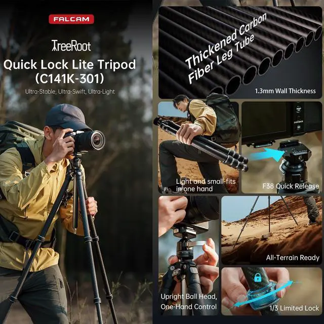 Alt view image 2 of 5 - FALCAM TreeRoot F38 Quick Lock Lite Carbon Fiber Travel Tripod with Ball Head Load Capacity 3kg/6.6lbs, Max Vertical Payload 40Kg/88lbs for Cameras, All-Terrain Stability (C141K-301)