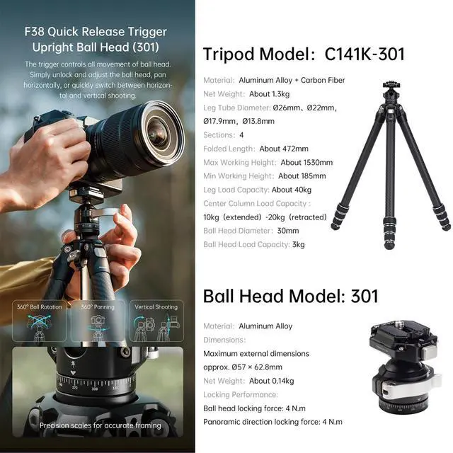 Alt view image 5 of 5 - FALCAM TreeRoot F38 Quick Lock Lite Carbon Fiber Travel Tripod with Ball Head Load Capacity 3kg/6.6lbs, Max Vertical Payload 40Kg/88lbs for Cameras, All-Terrain Stability (C141K-301)