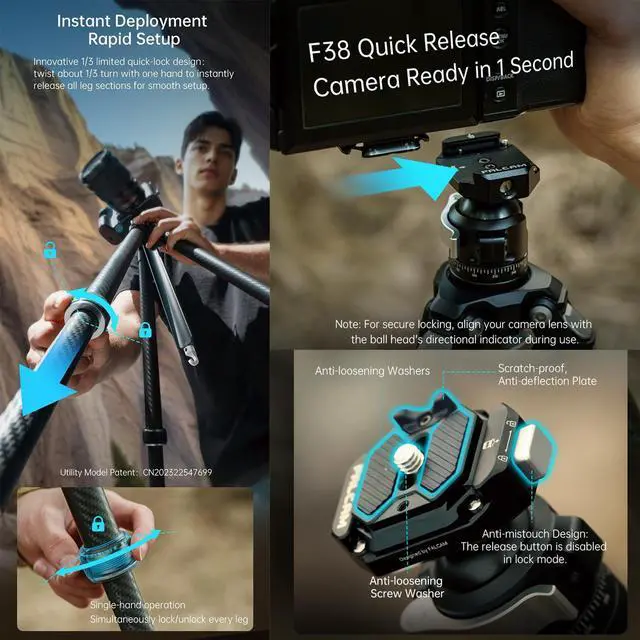 Alt view image 4 of 5 - FALCAM TreeRoot F38 Quick Lock Lite Carbon Fiber Travel Tripod with Ball Head Load Capacity 3kg/6.6lbs, Max Vertical Payload 40Kg/88lbs for Cameras, All-Terrain Stability (C141K-301)