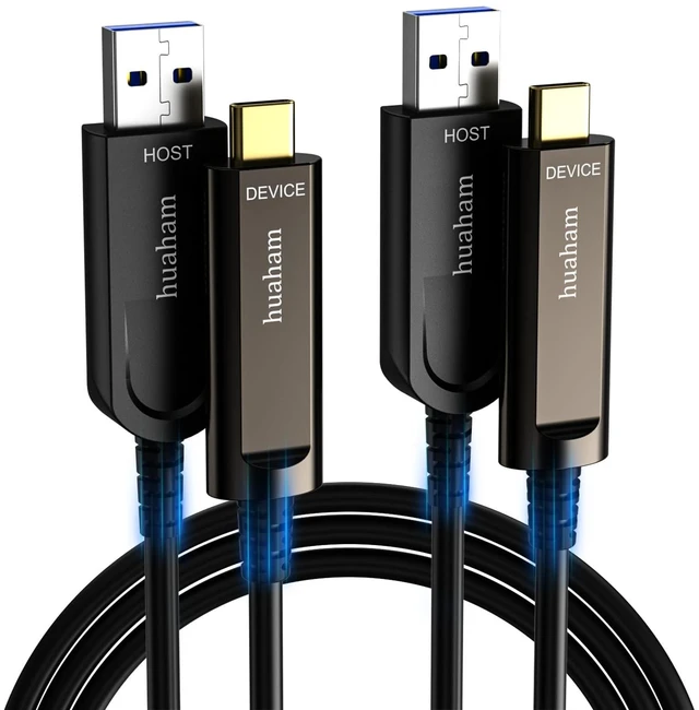 Main image of huaham USB A to USB C Fiber Optic Cable 50FT 2-Pack, 10Gbps USB 3.2 Gen2 Active Cable with Germany SiliconLine Chip, Ultra Slim & Long Distance for Logitech 4K Camera,VR/AR,Video Conference