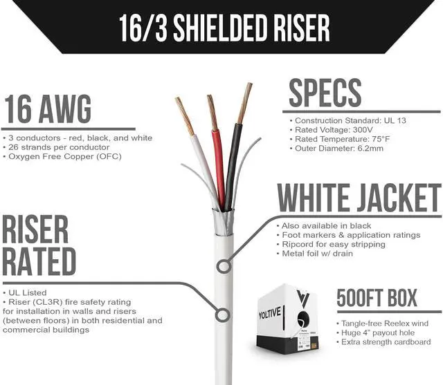 Alt view image 2 of 5 - Voltive 16/3 Shielded Low Voltage Wire, Riser CL3R, White, 500ft - 16AWG, 3 Conductors, Overall Shield, Stranded Bare Copper, UL Listed - V-1279-1