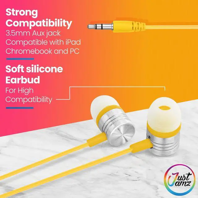 Alt view image 2 of 5 - JustJamz 100 Pack Bulk Earbuds Colorful Wired Ear Buds for Classroom, Students & Schools Disposable Headphones with 3.5mm Jack Comfortable Bulk Wired Earbuds for Kids and Learning Use