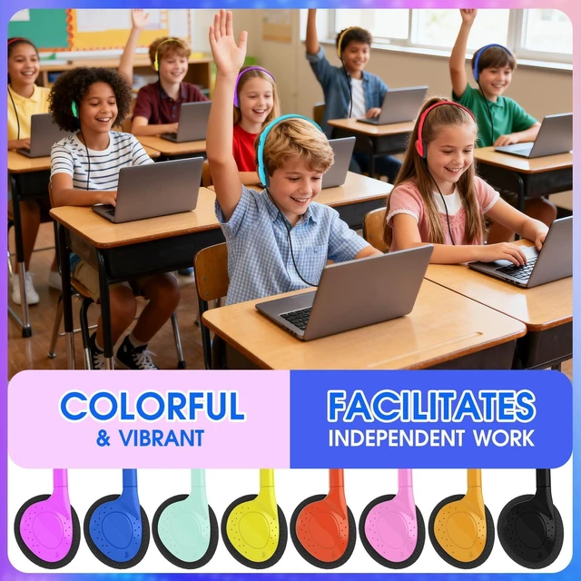 Alt view image 4 of 5 - Hengliyuan 100 Pack Classroom Headphones Bulk for Kids Schools,Wholesale Wired On Ear Class Set Headphones for Students Children Teens and More,Individually Bagged(HLY002,8 Colors)