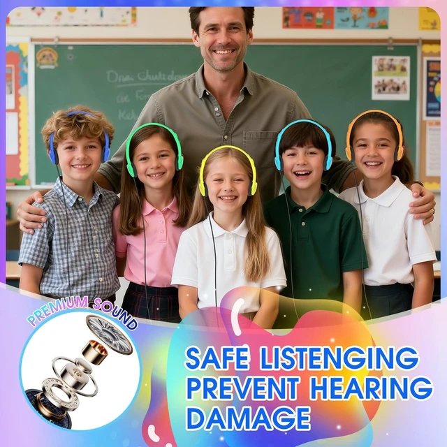 Alt view image 5 of 5 - Hengliyuan 100 Pack Classroom Headphones Bulk for Kids Schools,Wholesale Wired On Ear Class Set Headphones for Students Children Teens and More,Individually Bagged(HLY002,8 Colors)