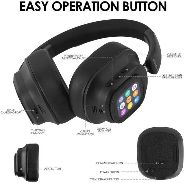 Alt view image 3 of 5 - Siindoo Hybrid ANC Wireless Headphones with Multi Magnetic Touch Control LED Screen,Built-in 1GB MP3 Player,APP Customization,HiFi Stereo Sound, Lightweight Foldable