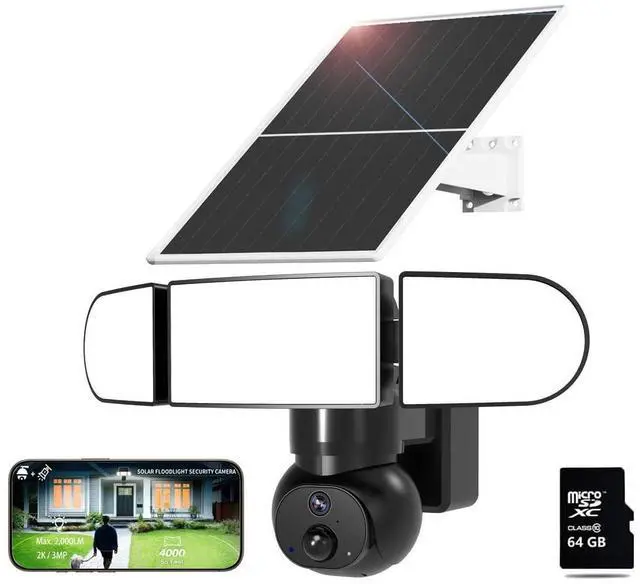 Main image of Sdstone Solar Floodlight Security Camera Wireless Outdoor64GB SD Card 2000LM Spotlight 2K 360 PTZ Wireless Outdoor, Color Night Vision, PIR Sensor, IP65, 2.4GHz WiFi - No Monthly Fees