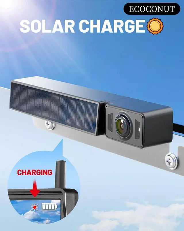 Alt view image 2 of 5 - Solar Wireless Backup Camera with IR Night Vision, 3 Mins No Wires Install, Equip with 5'' HD 1080P Monitor, IP69K Waterproof Rear View Reverse Camera for Cars Trucks Trailers RV