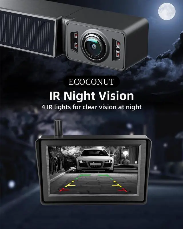 Alt view image 3 of 5 - Solar Wireless Backup Camera with IR Night Vision, 3 Mins No Wires Install, Equip with 5'' HD 1080P Monitor, IP69K Waterproof Rear View Reverse Camera for Cars Trucks Trailers RV