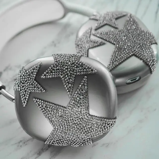 Alt view image 4 of 5 - MORWLAT Case Cover for AirPods Max Glittering Rhinestones Stars, Clear Sparkling Cute Soft Cases for Women Accessories Protective Cover for Apple AirPods Max (Black Stars)