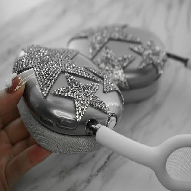 Alt view image 2 of 5 - MORWLAT Case Cover for AirPods Max Glittering Rhinestones Stars, Clear Sparkling Cute Soft Cases for Women Accessories Protective Cover for Apple AirPods Max (Black Stars)