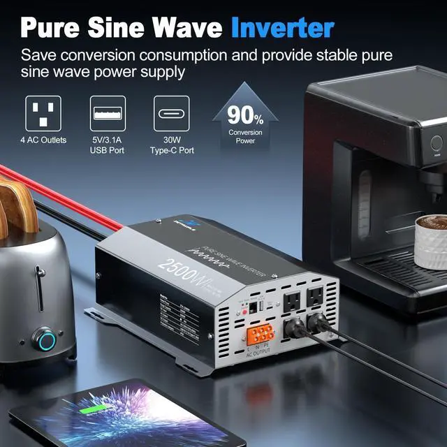 Alt view image 3 of 5 - 2500W Pure Sine Wave Inverter 48V DC to 110V/120V AC Converter, 5000W Peak, High-Efficiency Off-Grid Solar Power Inverter, 4 AC Outlets, USB & Type-C, LCD Remote Control