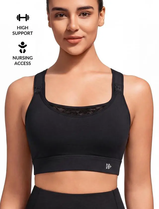 Alt view image 2 of 5 - Yvette Nursing Sports Bra for Women High Impact Support, Breastfeeding Running Bra for Workout Gym Yoga, One-Handed Nursing Clips & Adjustable Criss Cross Back, Padded Plus Size,Black,40D 40D 40DDD