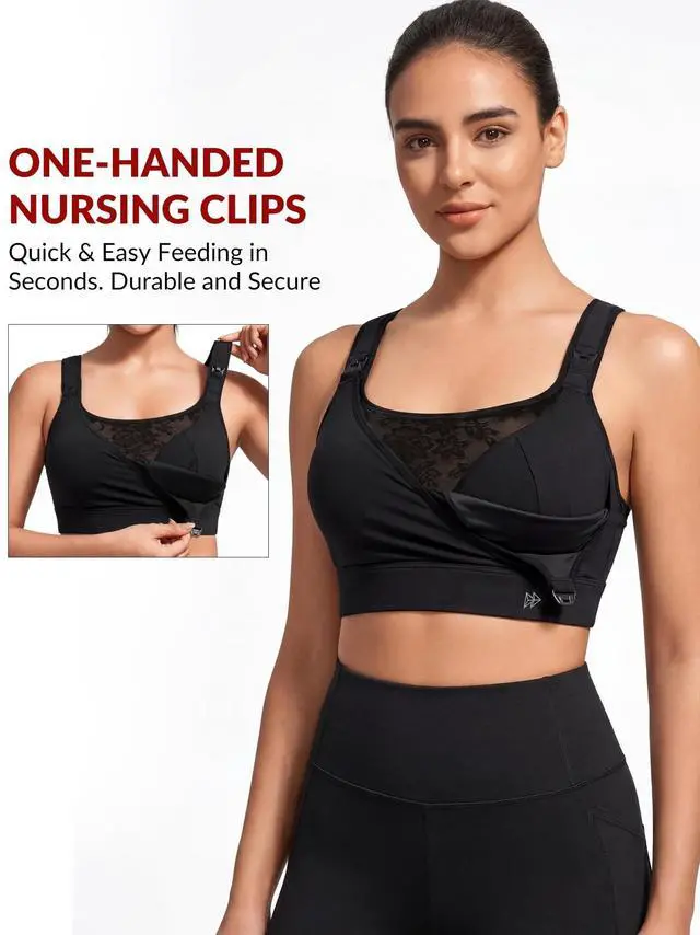 Alt view image 4 of 5 - Yvette Nursing Sports Bra for Women High Impact Support, Breastfeeding Running Bra for Workout Gym Yoga, One-Handed Nursing Clips & Adjustable Criss Cross Back, Padded Plus Size,Black,40D 40D 40DDD