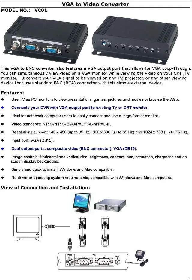 Alt view image 4 of 5 - VGA to Composite Video BNC Converter, Dual Output to BNC and VGA, Output PC DVR on LCD TV