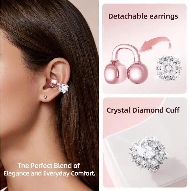 Alt view image 2 of 5 - Kinglucky Clip-On Open Ear Earbuds with Detachable Diamond Earrings, Bluetooth 5.4 Open Ear Wireless Headphones for Women, 40H Playtime, Comfortable Small-Ear Fit, Rose Gold