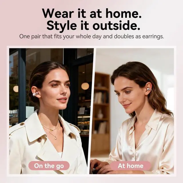 Alt view image 4 of 5 - Kinglucky Clip-On Open Ear Earbuds with Detachable Diamond Earrings, Bluetooth 5.4 Open Ear Wireless Headphones for Women, 40H Playtime, Comfortable Small-Ear Fit, Rose Gold
