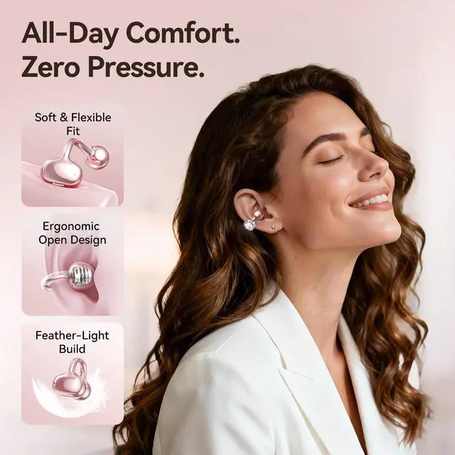 Alt view image 3 of 5 - Kinglucky Clip-On Open Ear Earbuds with Detachable Diamond Earrings, Bluetooth 5.4 Open Ear Wireless Headphones for Women, 40H Playtime, Comfortable Small-Ear Fit, Rose Gold