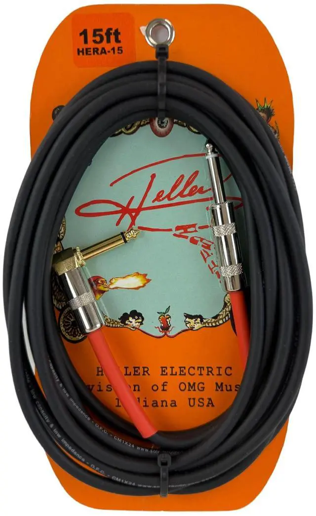 Main image of Heller Electric High-Standard Instrument Cable, 15ft, Electric Guitar & Bass, Straight-to-Right-Angle 1/4" Plugs, 24AWG OFC, Shielded, Professional, Black