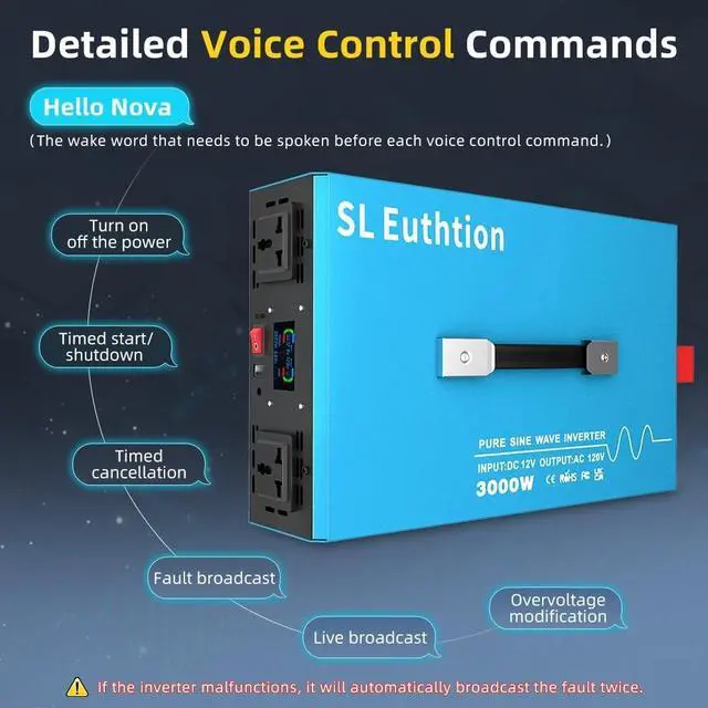 Alt view image 3 of 5 - SL Euthtion 3000W Pure Sine Wave Power Inverter Voice Control AI Voice Assistant Support English 12V to 120V 60HZ with LCD Display, USB Port, for Car Home Laptop Truck