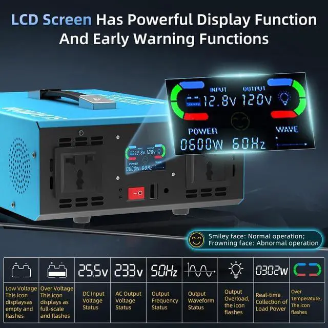 Alt view image 4 of 5 - SL Euthtion 3000W Pure Sine Wave Power Inverter Voice Control AI Voice Assistant Support English 12V to 120V 60HZ with LCD Display, USB Port, for Car Home Laptop Truck