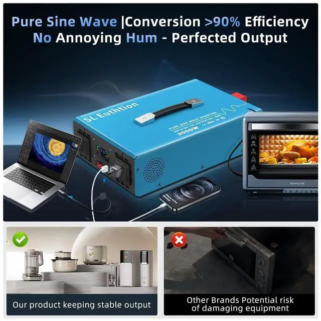 Alt view image 5 of 5 - SL Euthtion 3000W Pure Sine Wave Power Inverter Voice Control AI Voice Assistant Support English 12V to 120V 60HZ with LCD Display, USB Port, for Car Home Laptop Truck