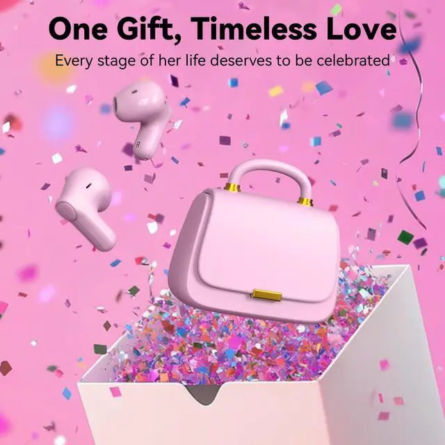Alt view image 2 of 4 - ANCwear Cute Pink Wireless Earbuds for Girls, Rose Pearl Ear Buds with Mini Handbag Charging Case, DIY Stickers, Bluetooth 5.3, 22H Battery Life, Fashion Gift for Women Teens
