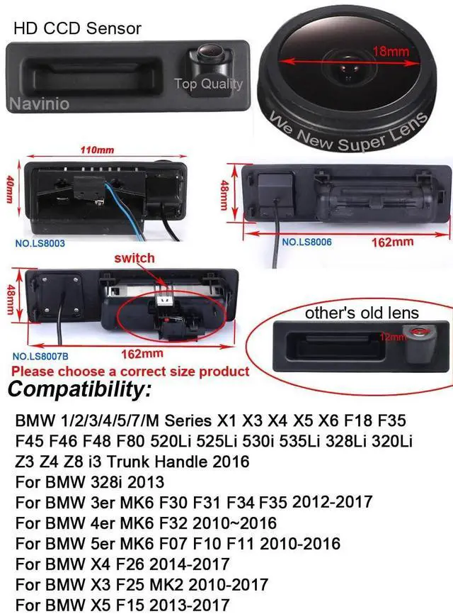 Main image of HD IP68 170 Rear View Reverse Trunk Handle Backup Camera Compatible with BMW F18 F35/F45 F46 F48 F80 520Li 525Li 530i 535Li 328Li 320Li/Z3 Z4 Z8 i3 /328i/F30 F31 F34 F32/F07 F10 F11/F26/F25/F15