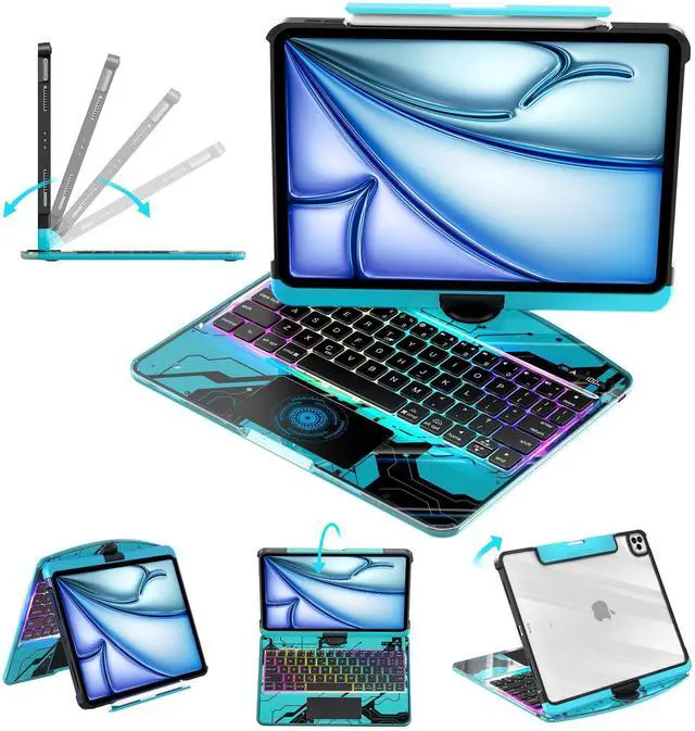 Main image of lambasa Clear Keyboard Case for iPad Air 11" (M3/M2, 2025/2024), Air 5th/4th & Pro 11" 2022-2018, 360 Swivel with Wireless Bluetooth Multi-Touch Trackpad, 7-Color Backlit, Pencil Holder Blue