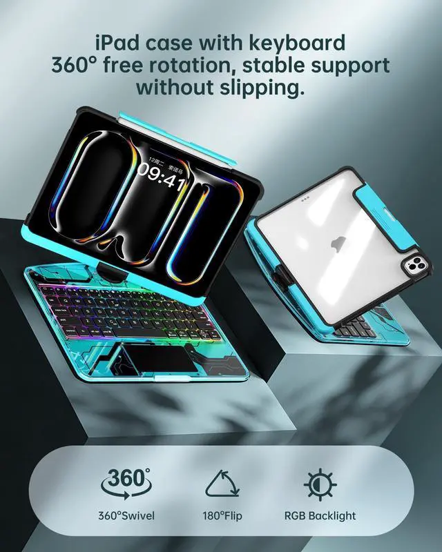 Alt view image 3 of 5 - lambasa Clear Keyboard Case for iPad Air 11" (M3/M2, 2025/2024), Air 5th/4th & Pro 11" 2022-2018, 360 Swivel with Wireless Bluetooth Multi-Touch Trackpad, 7-Color Backlit, Pencil Holder Blue
