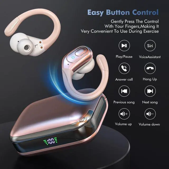 Alt view image 3 of 5 - sajawass Wireless Earbuds Bluetooth 5.4 Headphones, IPX7 Waterproof Earphones, Over-Ear Earphones, Noise Canceling Ear Buds with 75hr Playtime, LED Power Display for Sports/Workouts - Rose Gold