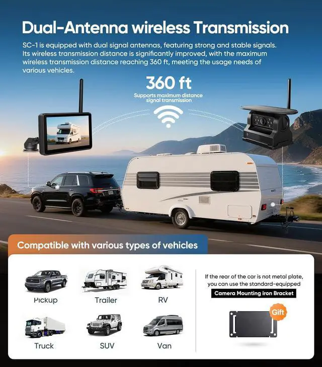 Alt view image 3 of 5 - 7" Portable 1080P Solar Wireless Backup Camera Car Dash Cam,1 Min No Wiring Easy Install Rechargeable Magnetic Back up Camera for Truck/Trailer/Small RV/Camper (Single Camera)