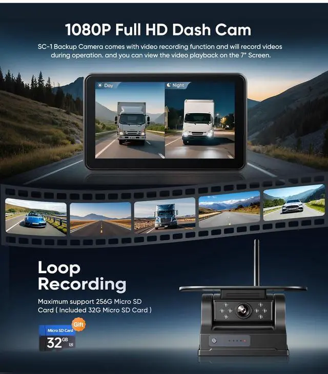 Alt view image 4 of 5 - 7" Portable 1080P Solar Wireless Backup Camera Car Dash Cam,1 Min No Wiring Easy Install Rechargeable Magnetic Back up Camera for Truck/Trailer/Small RV/Camper (Single Camera)