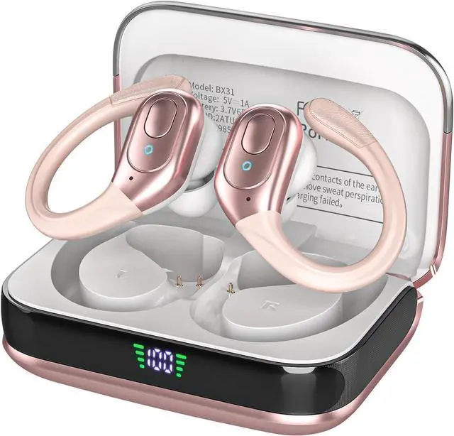 Main image of sajawass Wireless Earbuds Bluetooth 5.4 Headphones, IPX7 Waterproof Earphones, Over-Ear Earphones, Noise Canceling Ear Buds with 75hr Playtime, LED Power Display for Sports/Workouts - Rose Gold