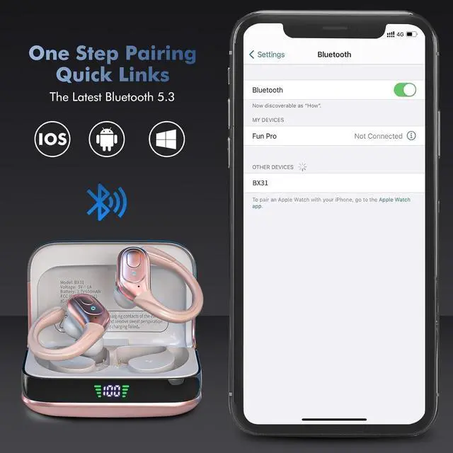 Alt view image 4 of 5 - sajawass Wireless Earbuds Bluetooth 5.4 Headphones, IPX7 Waterproof Earphones, Over-Ear Earphones, Noise Canceling Ear Buds with 75hr Playtime, LED Power Display for Sports/Workouts - Rose Gold