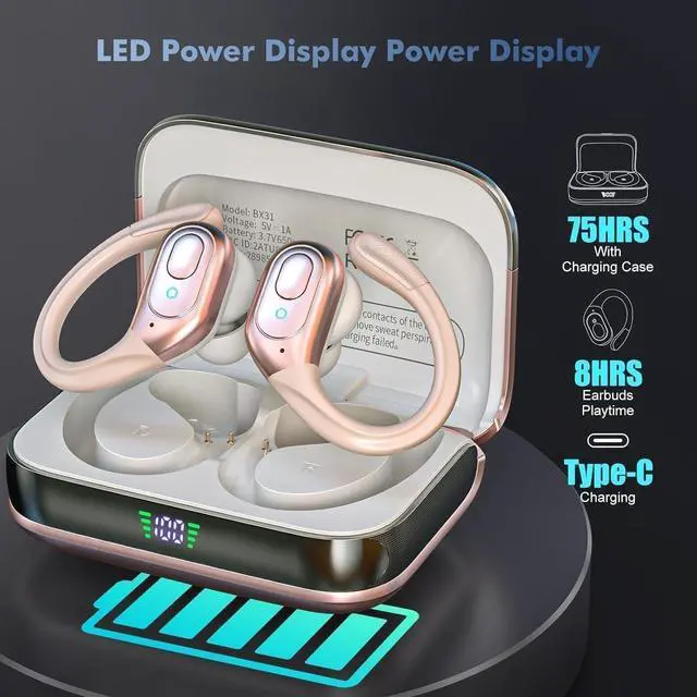 Alt view image 2 of 5 - sajawass Wireless Earbuds Bluetooth 5.4 Headphones, IPX7 Waterproof Earphones, Over-Ear Earphones, Noise Canceling Ear Buds with 75hr Playtime, LED Power Display for Sports/Workouts - Rose Gold