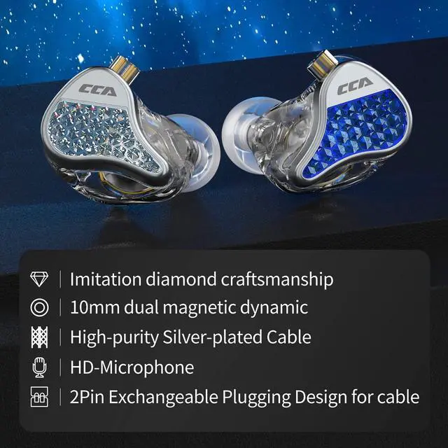 Alt view image 3 of 5 - FEDAI CCA Lyra in Ear Monitor, 10MM Dynamic Driver in Ear Earphone IEM with Unique Diamond-Like Faceplate,Detachable Exchangeable 0.75mm 2pin Silver-Plated Cable, HD Microphone(Blue, with Mic)