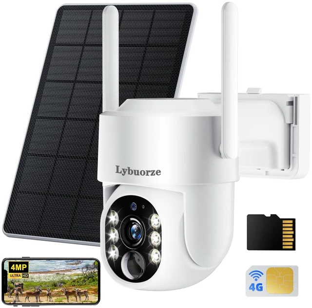 Main image of Lybuorze 4MP 4G LTE Solar Security Camera Wireless Outdoor, No WiFi & No Power Needed, 360 Pan Tilt View, Color Night Vision, AI Motion Detection, 2-Way Talk, Built-in SIM & 32GB SD Card for Fa