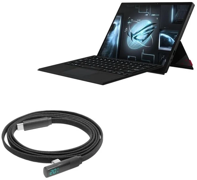 Main image of BoxWave Cable Compatible with ASUS ROG Flow Z13 (2022) - PowerDisplay PD Right Angle Cable (4ft) - USB-C to USB-C (100W), LED Wattage Info Extra Long Braided Nylon - Jet Black