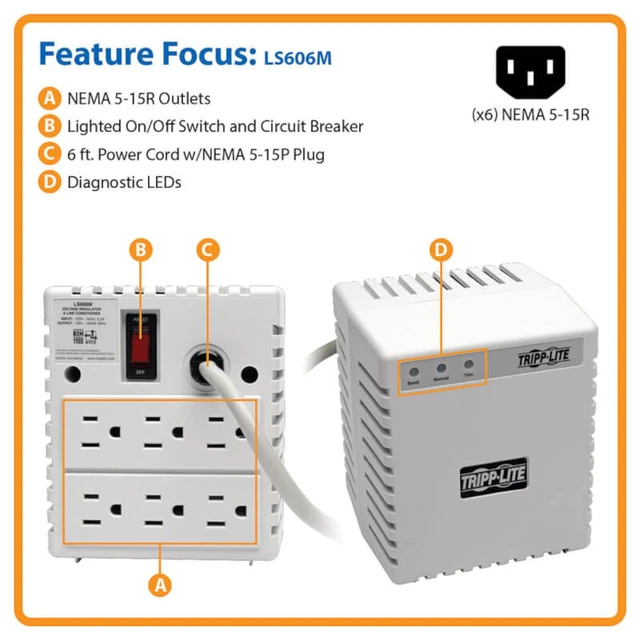 Alt view image 2 of 2 - Eaton Tripp Lite LS606M Power Conditioner Surge Protector 600W 6 Outlets