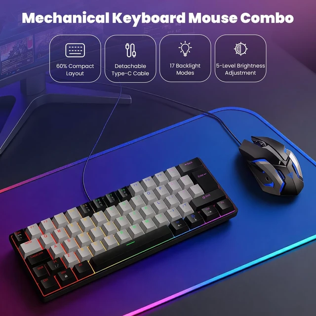 Alt view image 3 of 5 - SOPPY Gaming Keyboard and Mouse Combo, Mechanical Keyboard Gamer 60% US-Layout, Compact LED Backlit, USB Ergonomic Office RGB Wired Gaming Set for PC/Laptop/Windows/PS4/Xbox/Mac (Black&White)