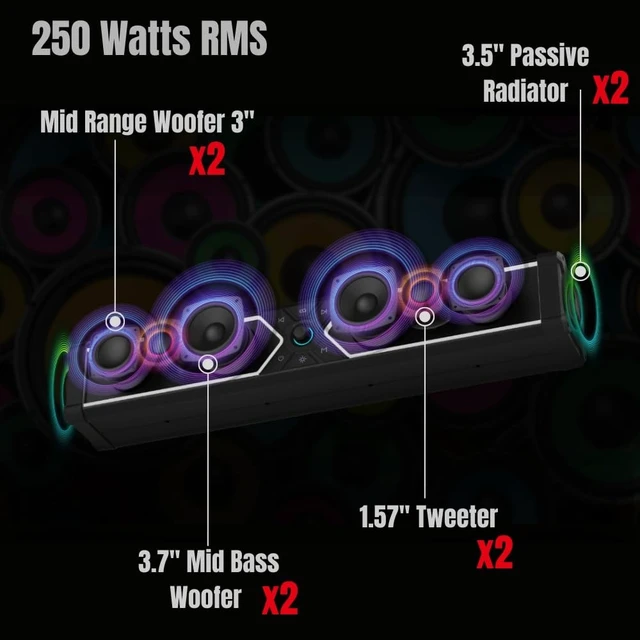 Alt view image 2 of 5 - NOAM NSB UTV 28" Soundbar Waterproof IP 66 All-Metal Bluetooth Sound System with RGB Lights for UTV, Golf Carts & Boats ^^ True 250W RMS.