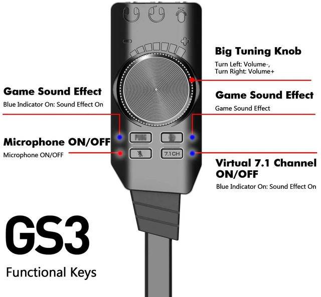 Alt view image 4 of 5 - ERYUE Sound Card, GS3 USB 2.0 External Sound Card Virtual 7.1 Channel Sound Card Adapter Plug and Play with Headphone Microphone Jacks Control Mute Mic Games Sound Effect Upgrade Version for Desktop
